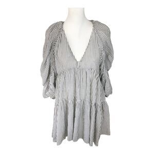 FRAME Shirred Babydoll Mini Dress Boho Cowgirl Black White Stripe Puff Sleeve S‎